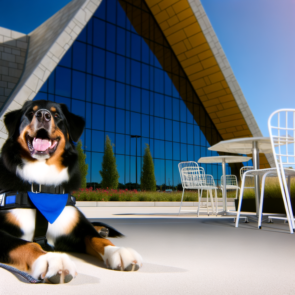 A happy dog lounging near a modern building.