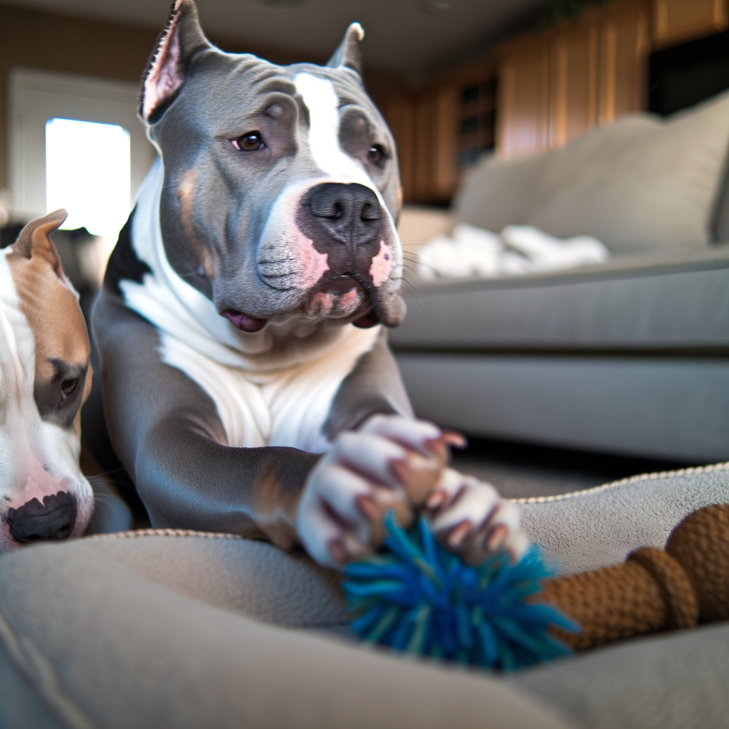 Two dogs playfully relaxing on a dog bed.