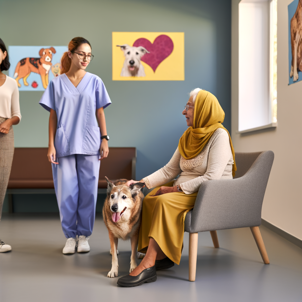 A senior woman pets a dog in a vet clinic.
