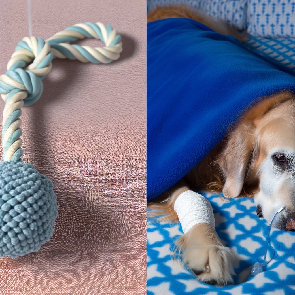 Dog resting with a bandaged paw and a toy.