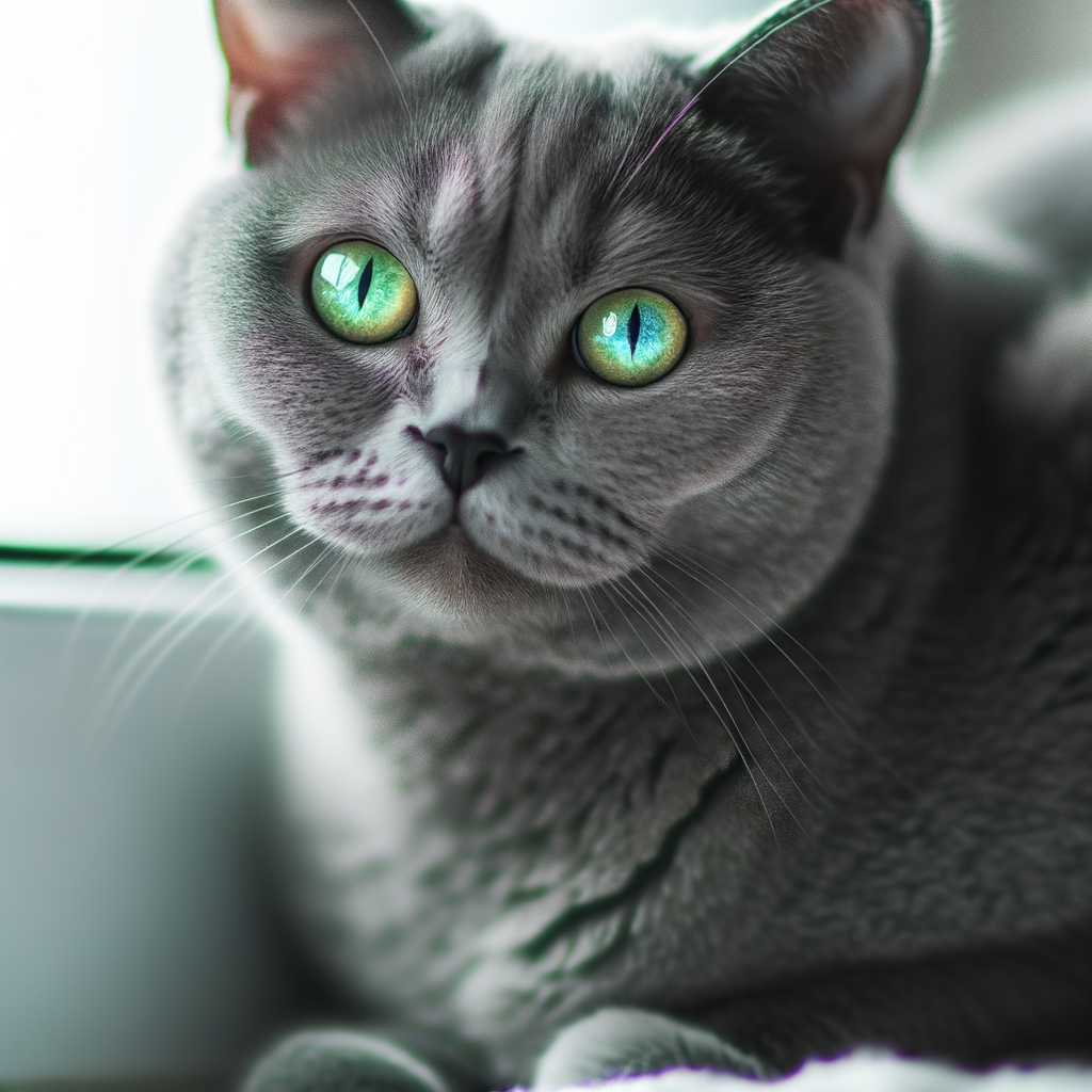 Gray cat with striking green eyes.