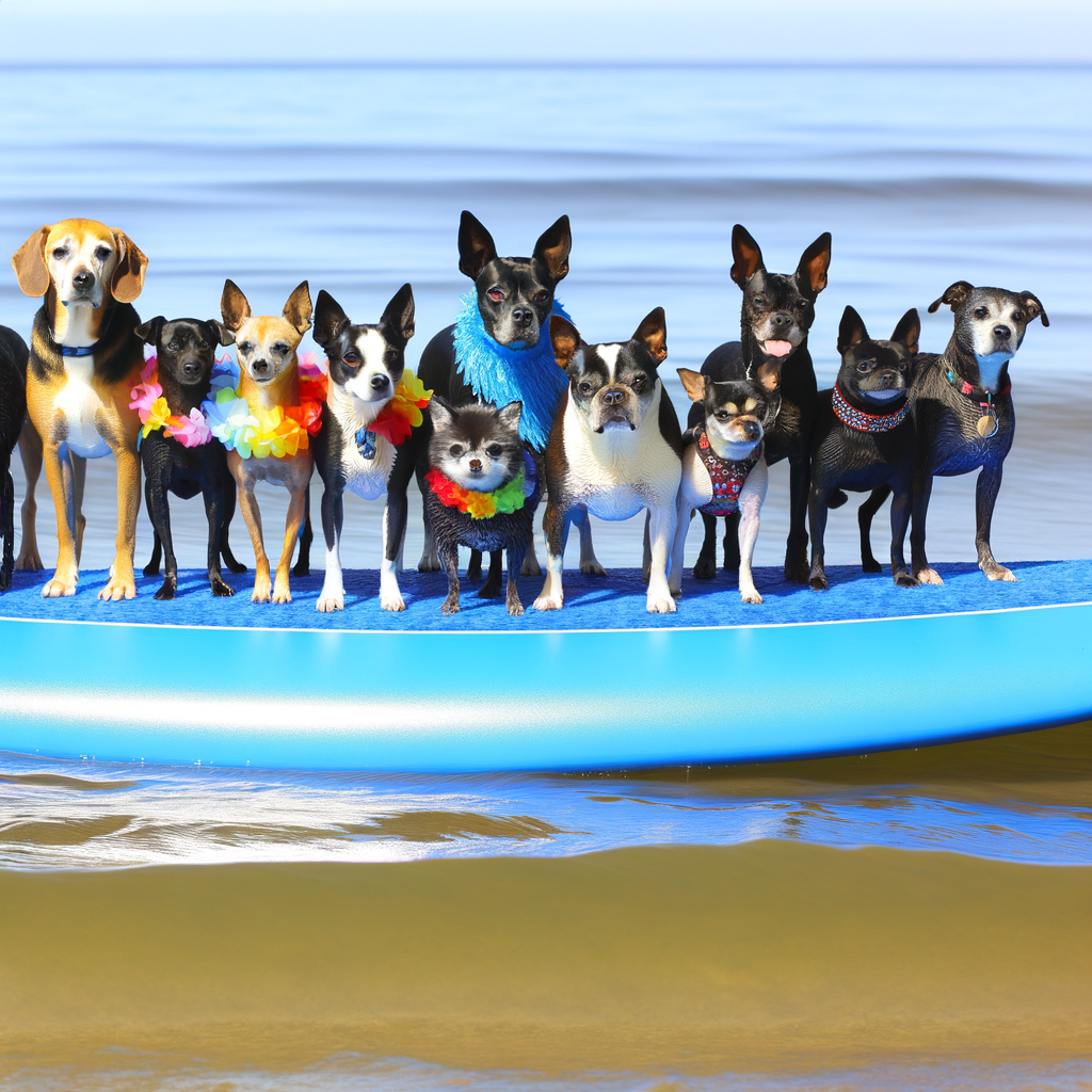 A group of dogs posing on a surfboard by the beach.