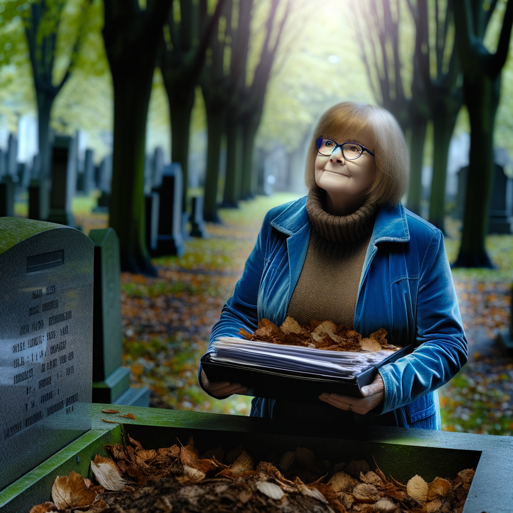 A woman holding files near a grave in a cemetery.