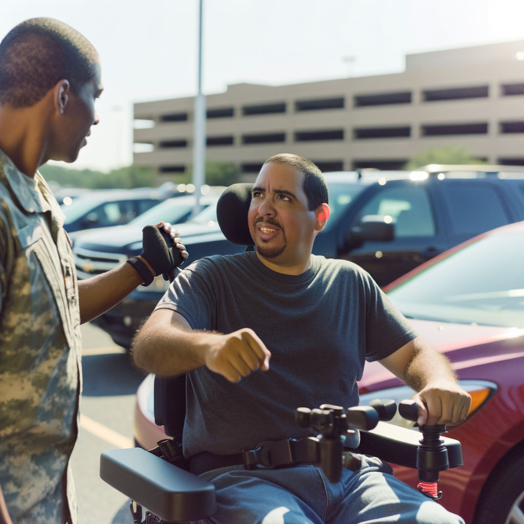 Man in a wheelchair talks with a soldier outdoors.