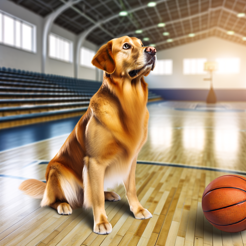 A golden retriever sitting next to a basketball.