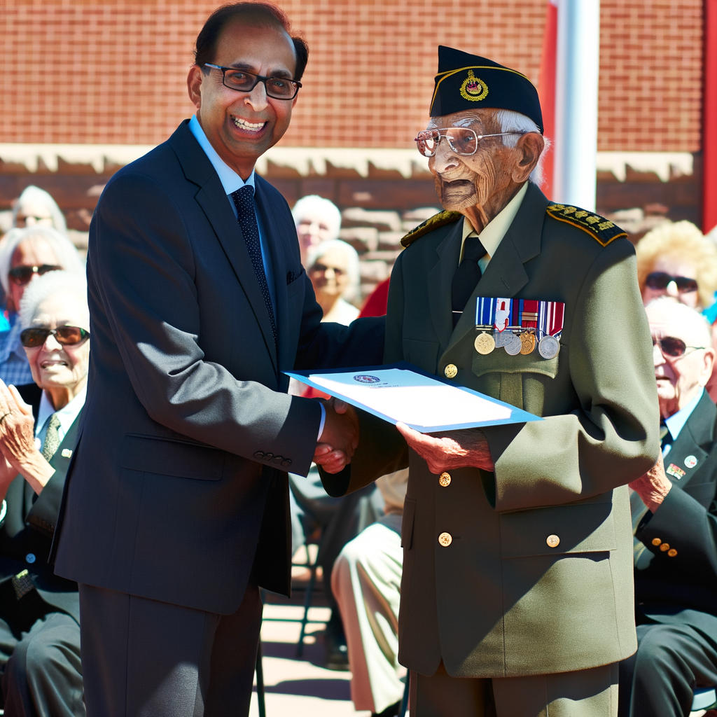 Honoring a veteran during a special ceremony.