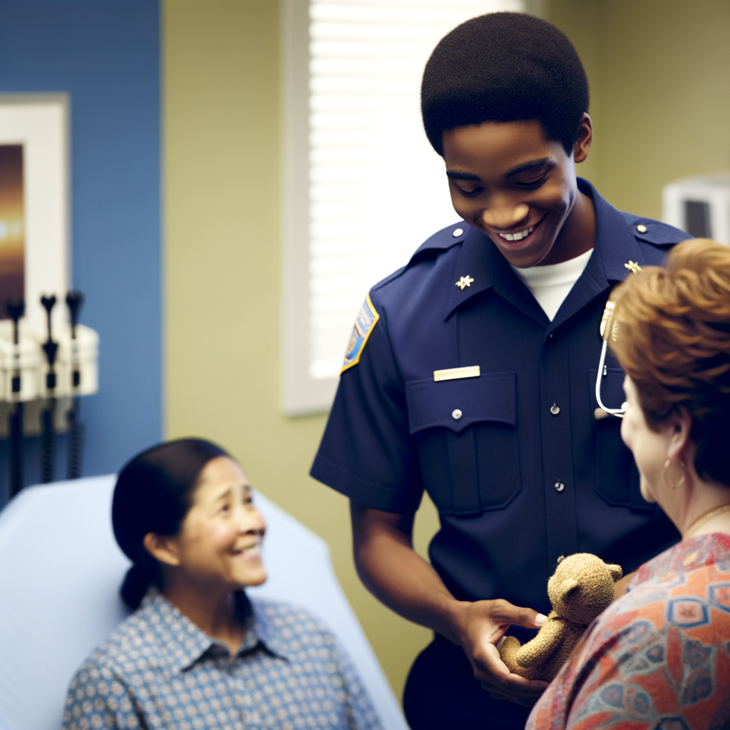 A smiling officer engages with two women in a clinic.