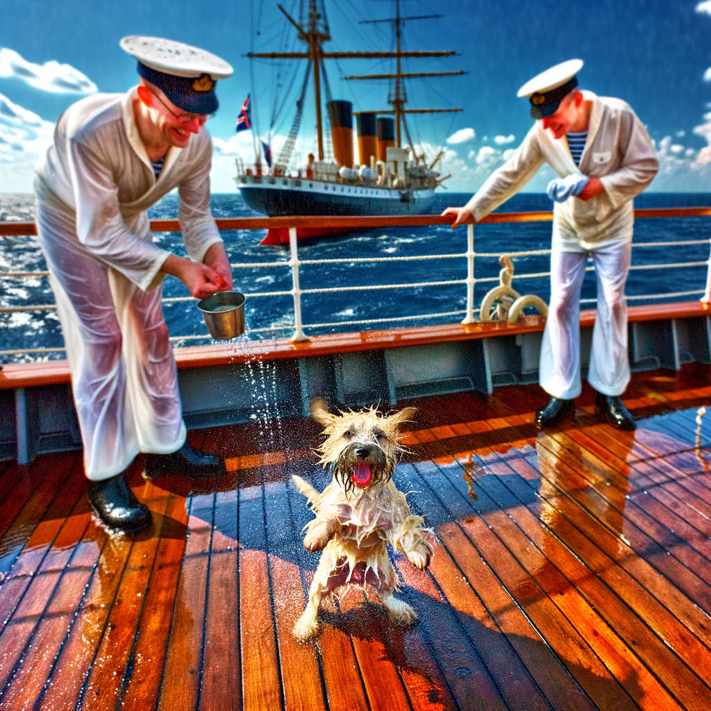Sailors playfully splashing water on a happy dog.