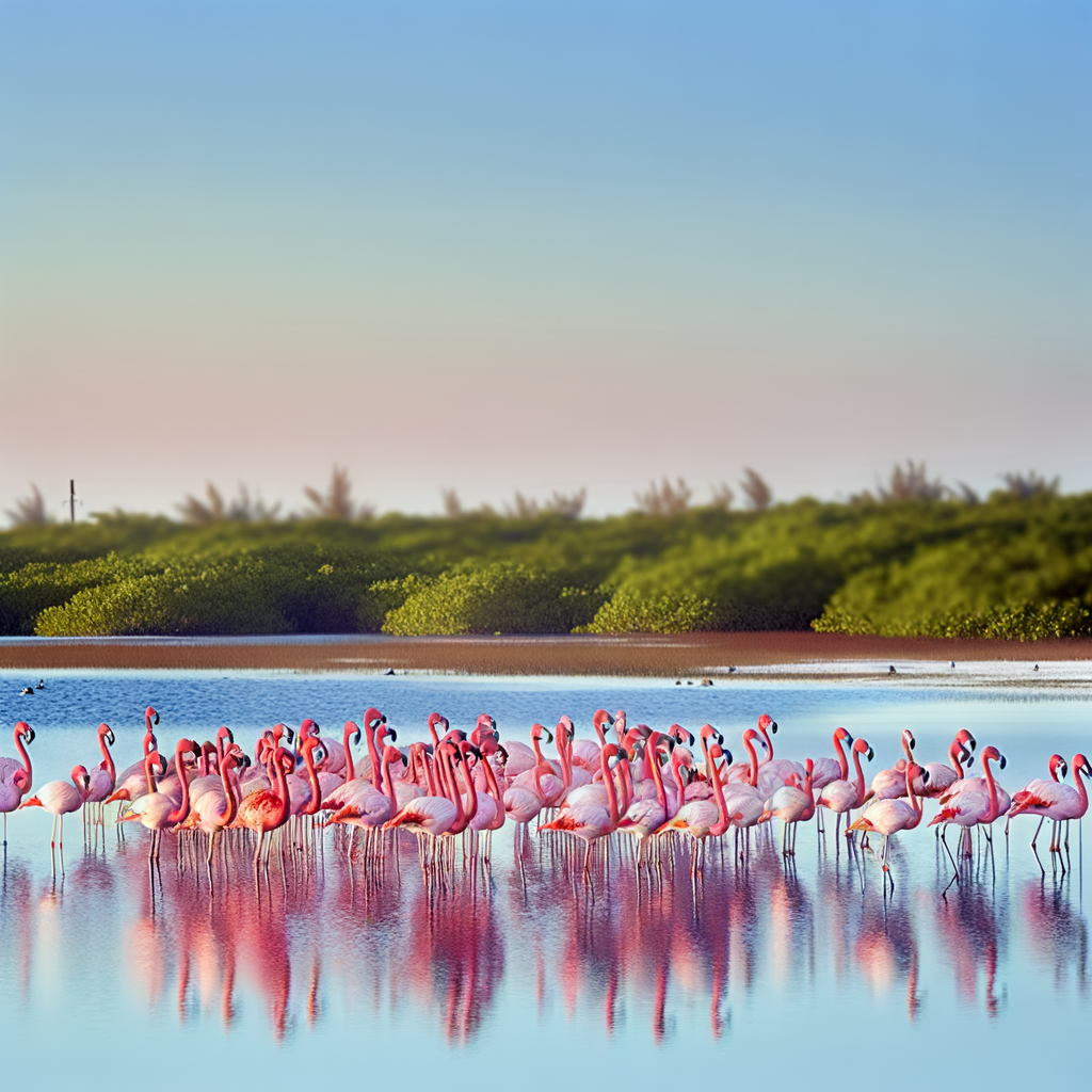 A flock of flamingos wading in calm water.