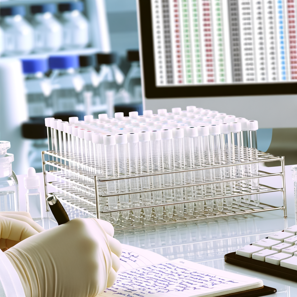 Laboratory setting with test tubes and computer equipment.