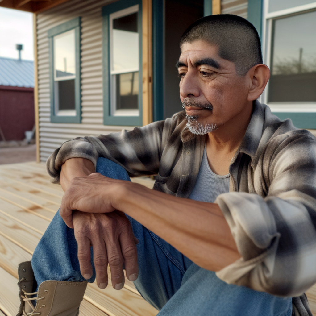 Man sitting on a porch, lost in thought.