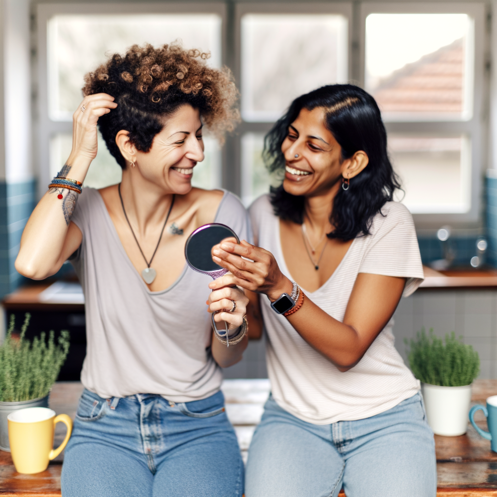Two women smiling and enjoying a moment together.