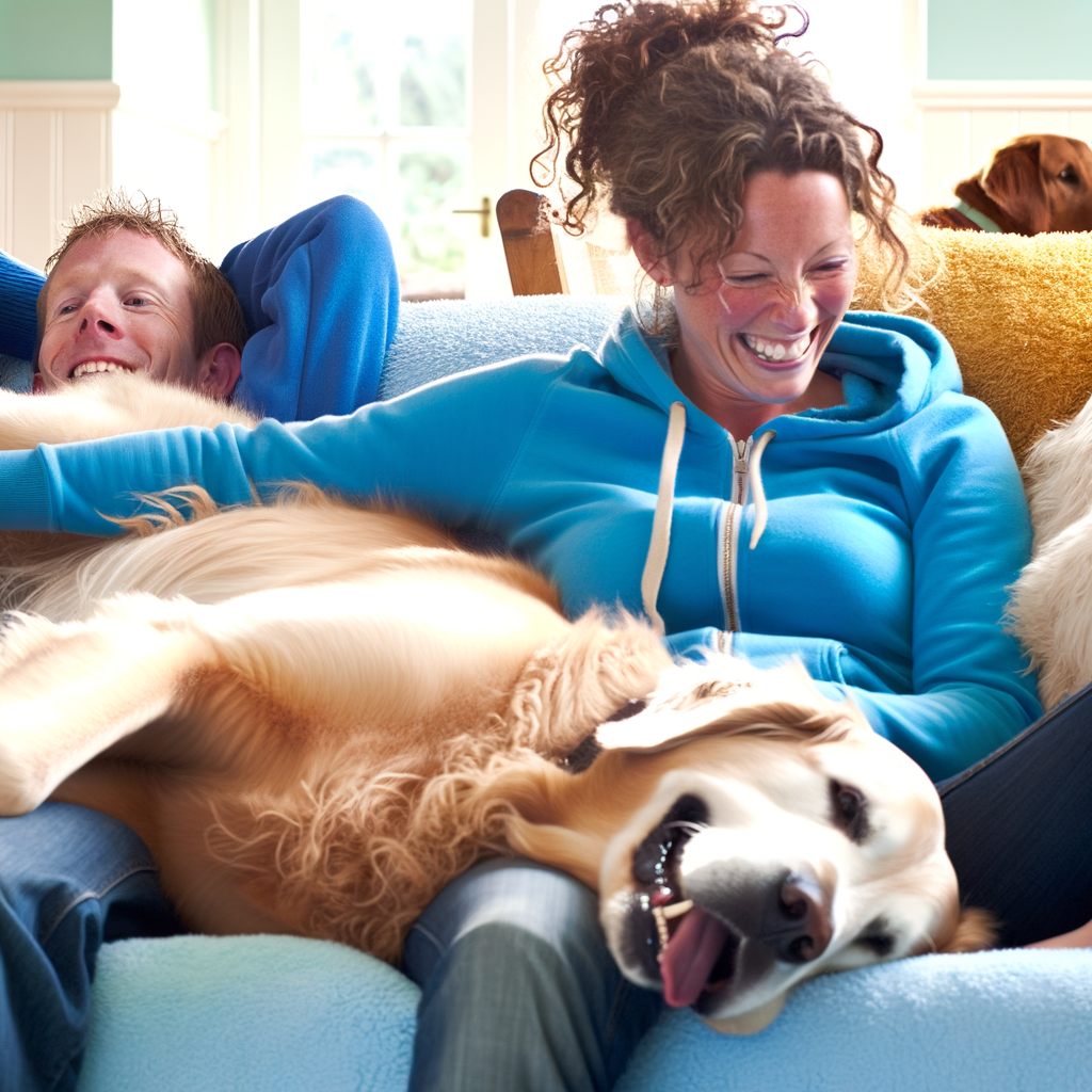 A woman and man playfully relax with a dog.
