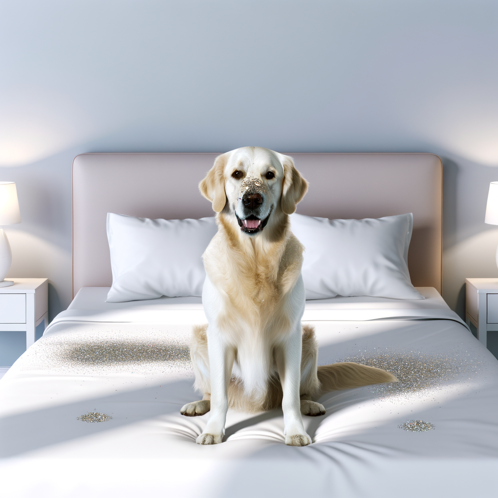 Smiling golden retriever sitting on a bed.