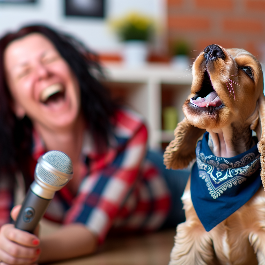 Woman laughing with a dog wearing a bandana.