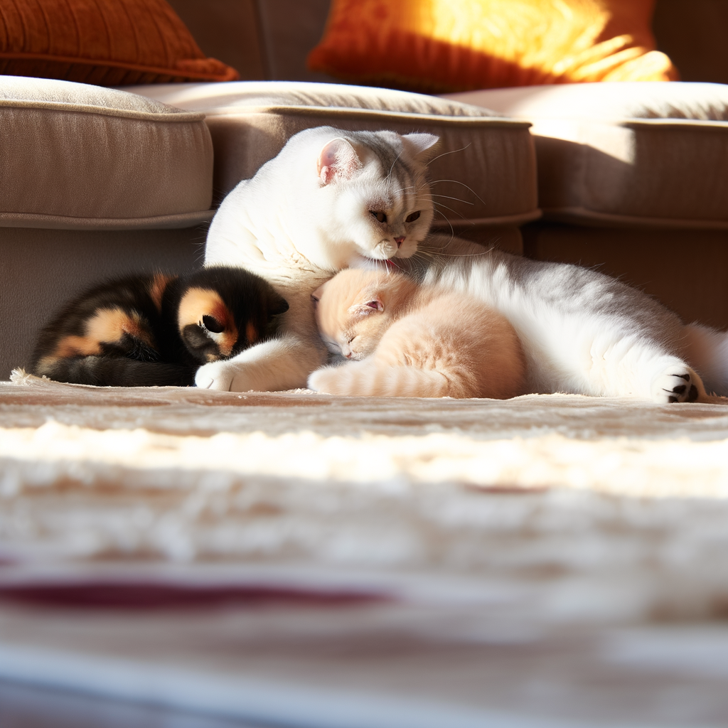 A mother cat cuddling with her three kittens.