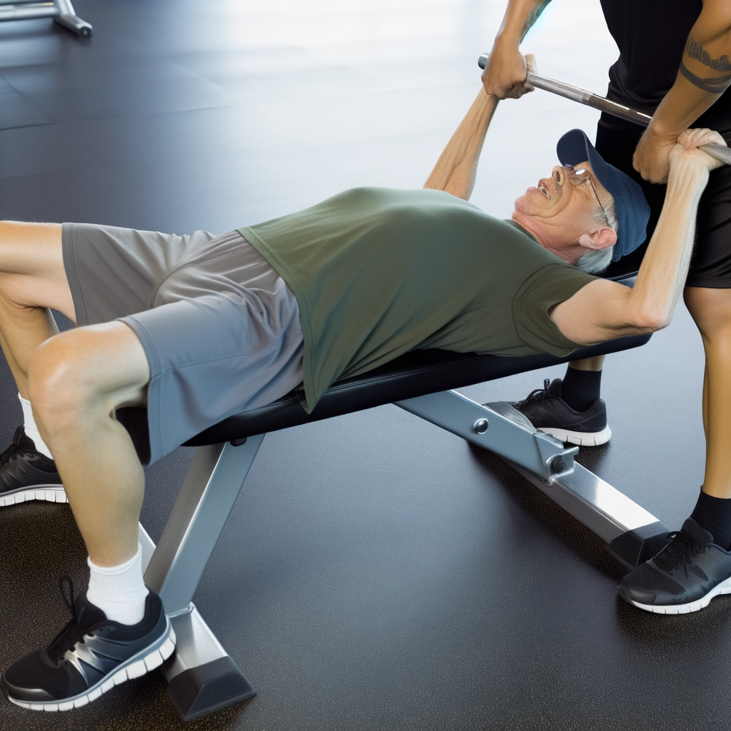 An older man lifting weights with assistance.