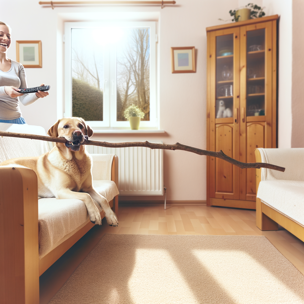 A dog on a couch playfully holding a stick.