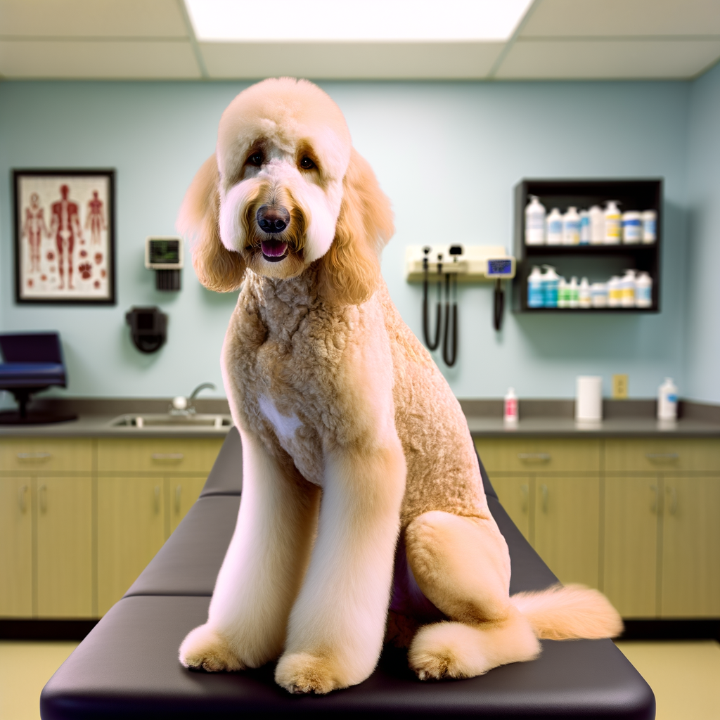 Friendly dog sitting on an examination table in a vet clinic.