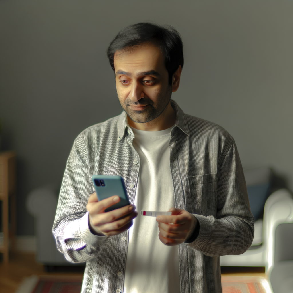 Man checking his phone while holding a test tube.