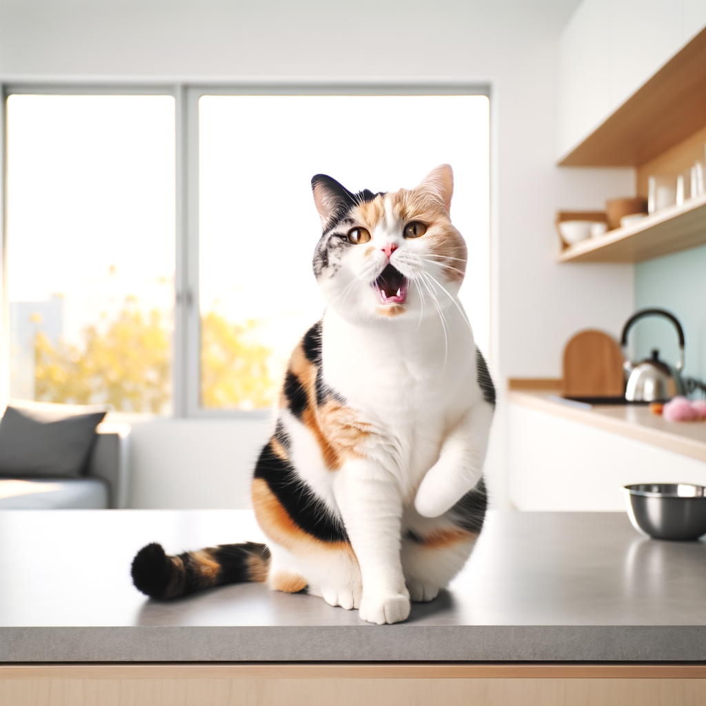 A calico cat sitting on a kitchen countertop.