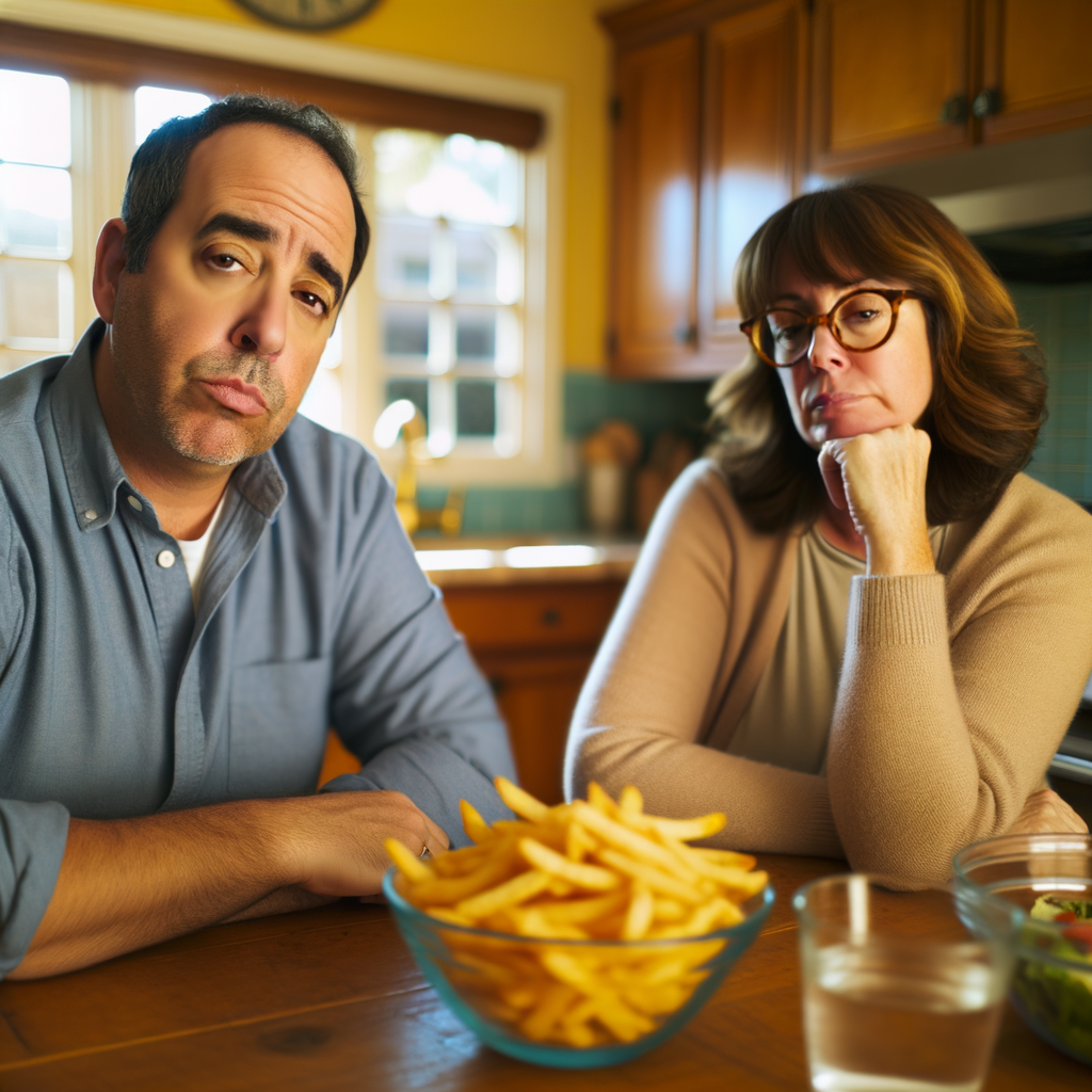 Couple looking concerned over a bowl of fries.