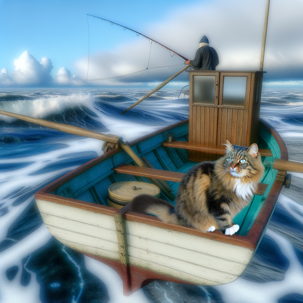 A cat sitting in a boat with a fisherman.