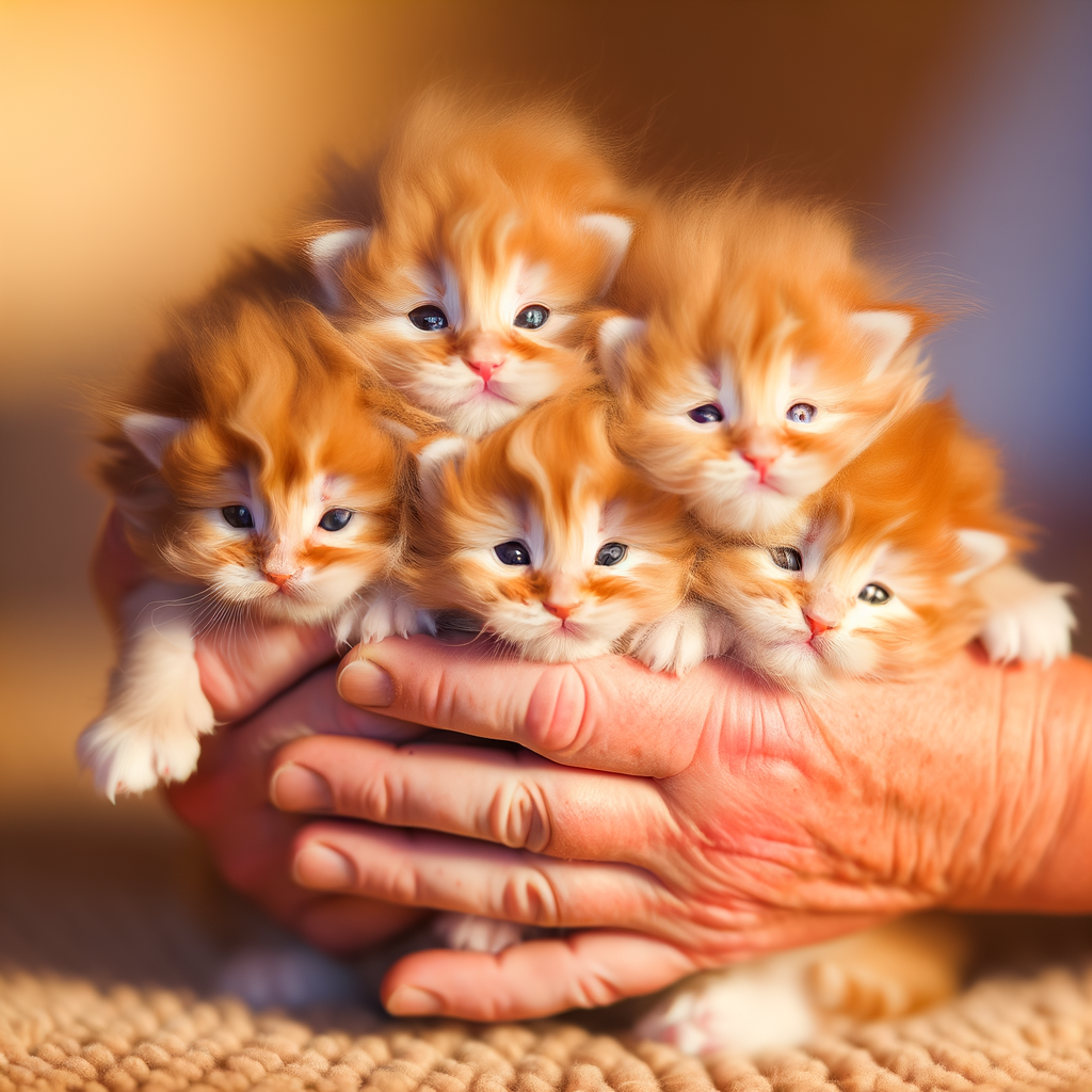 Six fluffy orange kittens cuddled in a person's hands.