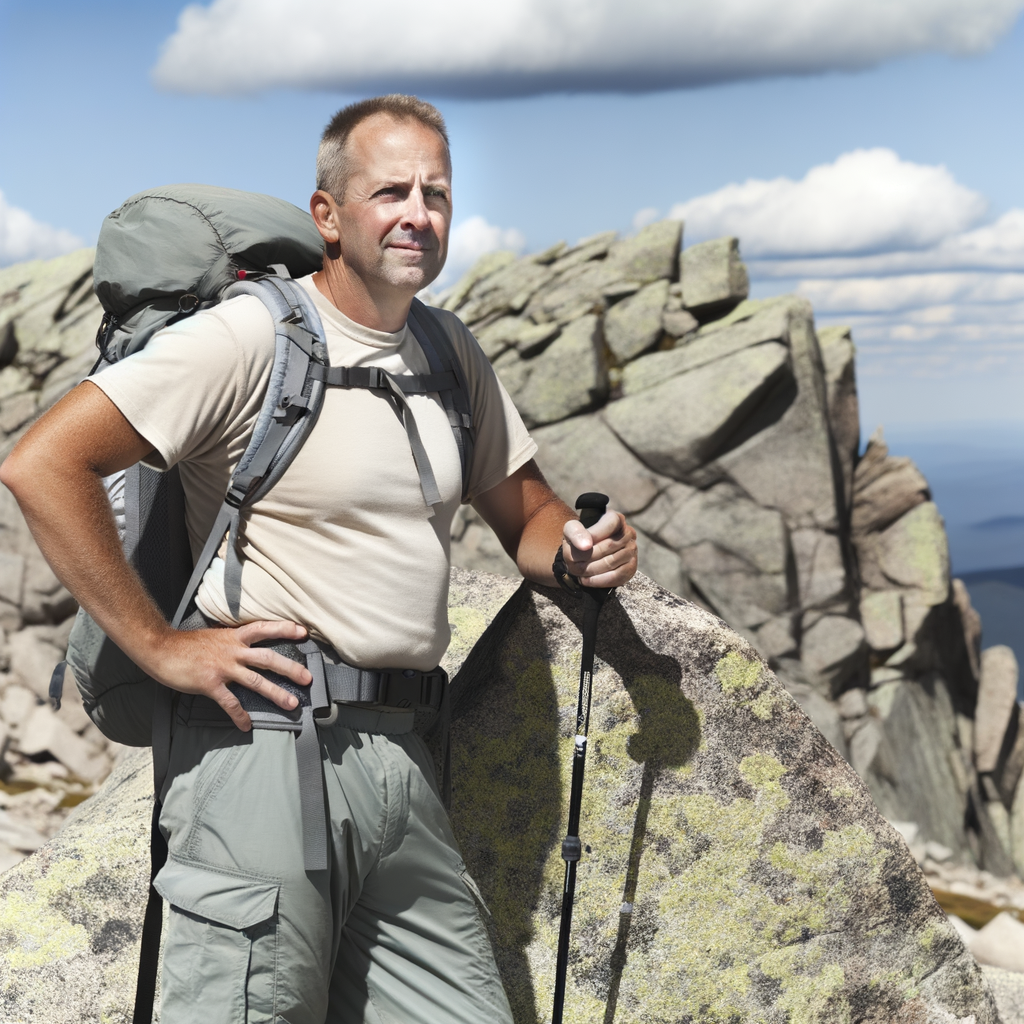 Hiker resting on a rock with a scenic backdrop.