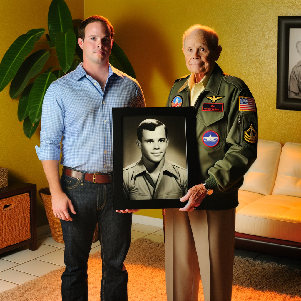 A man and veteran holding a portrait together.