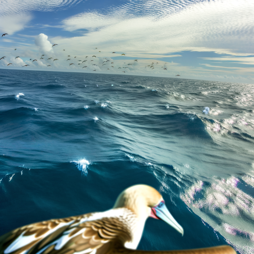 Bird flying over calm ocean waters and clouds.