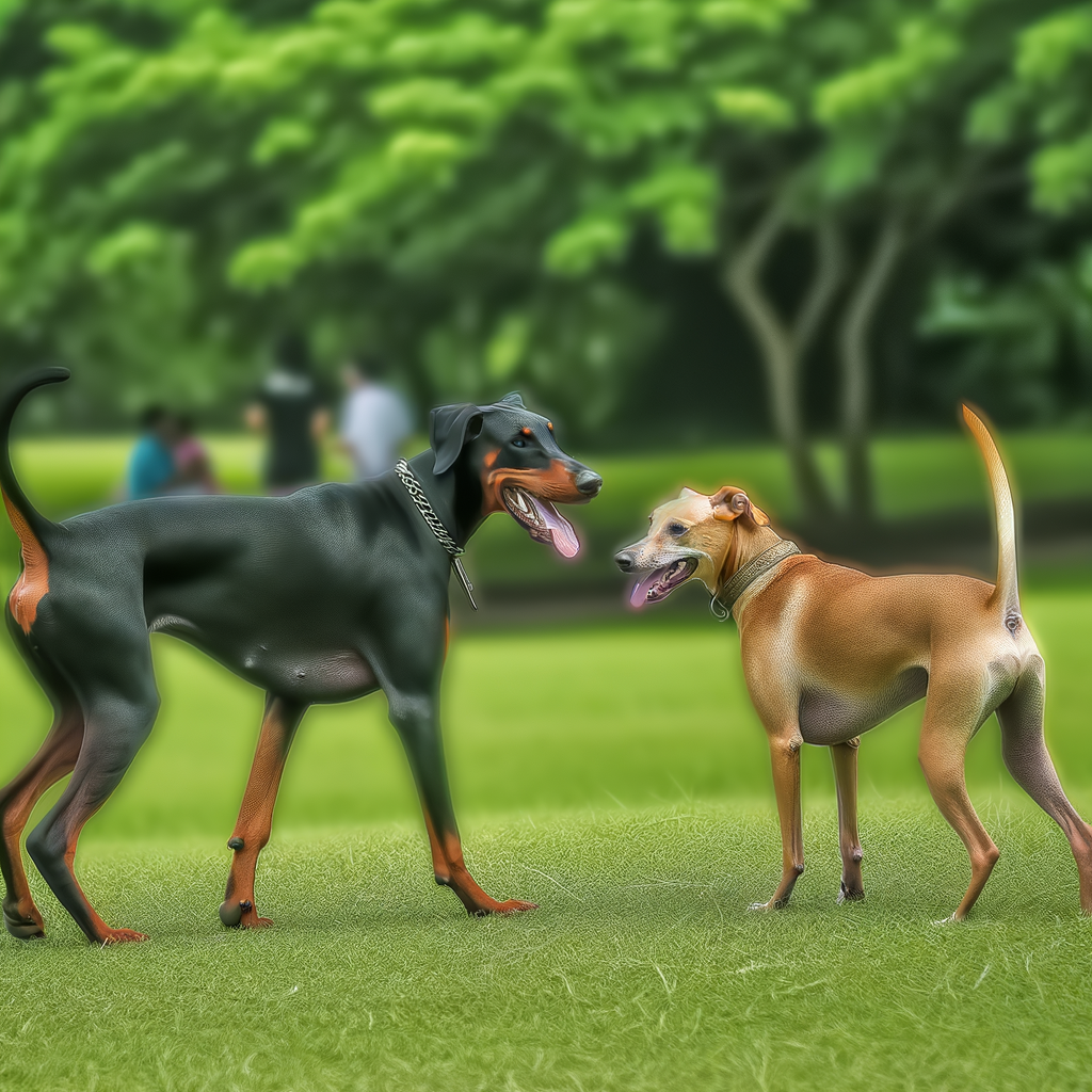 Two dogs playing together in a park setting.