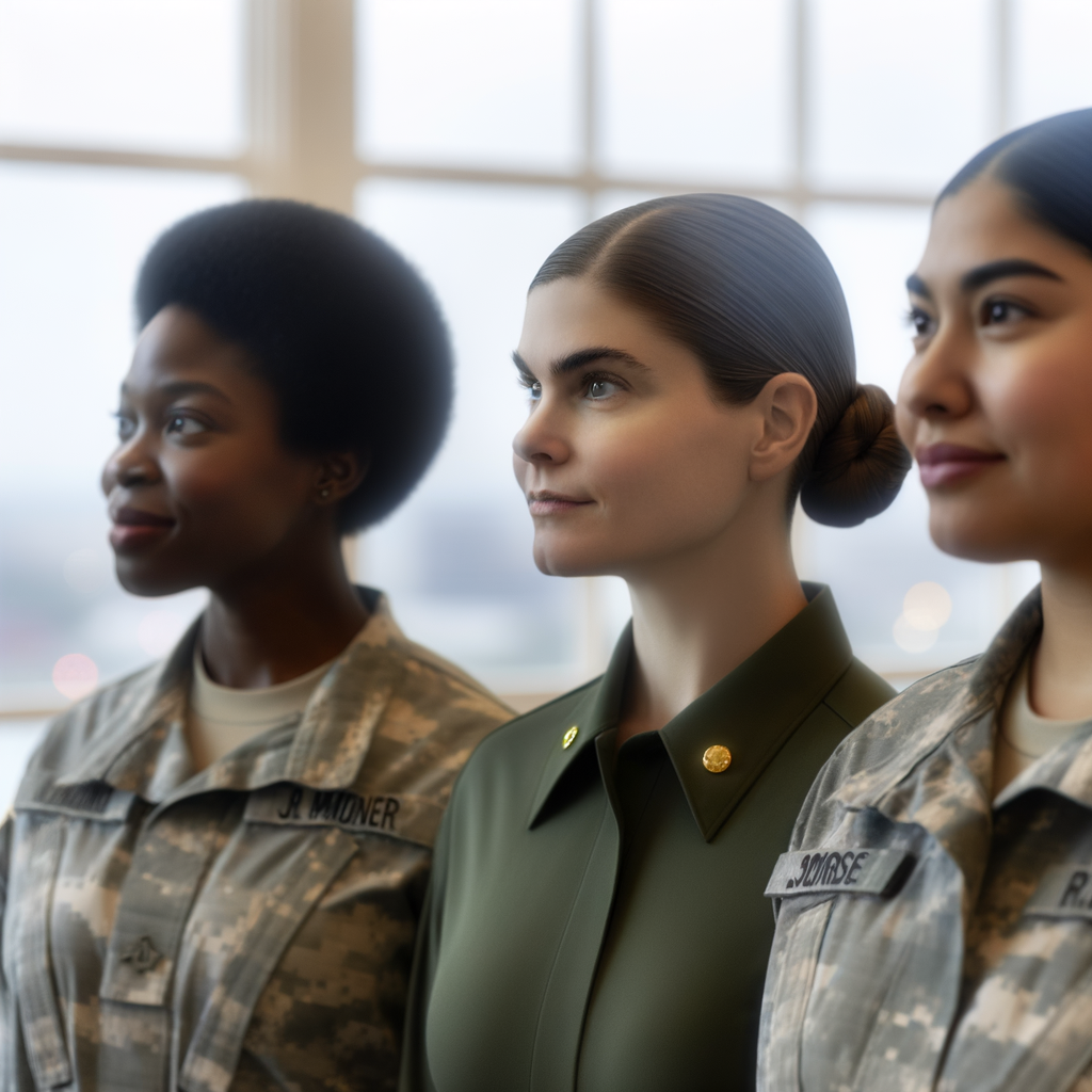 Three military personnel looking confidently forward.