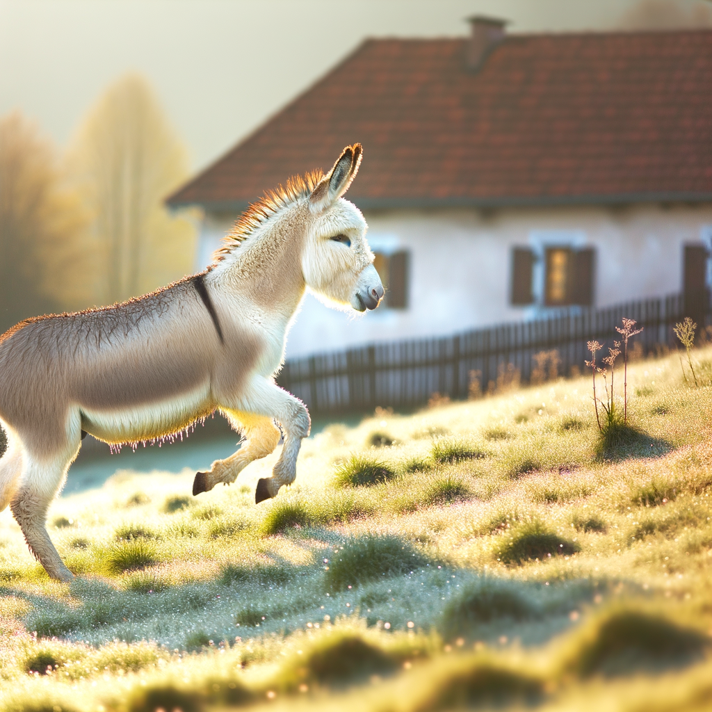 A donkey running in a sunlit grassy field.