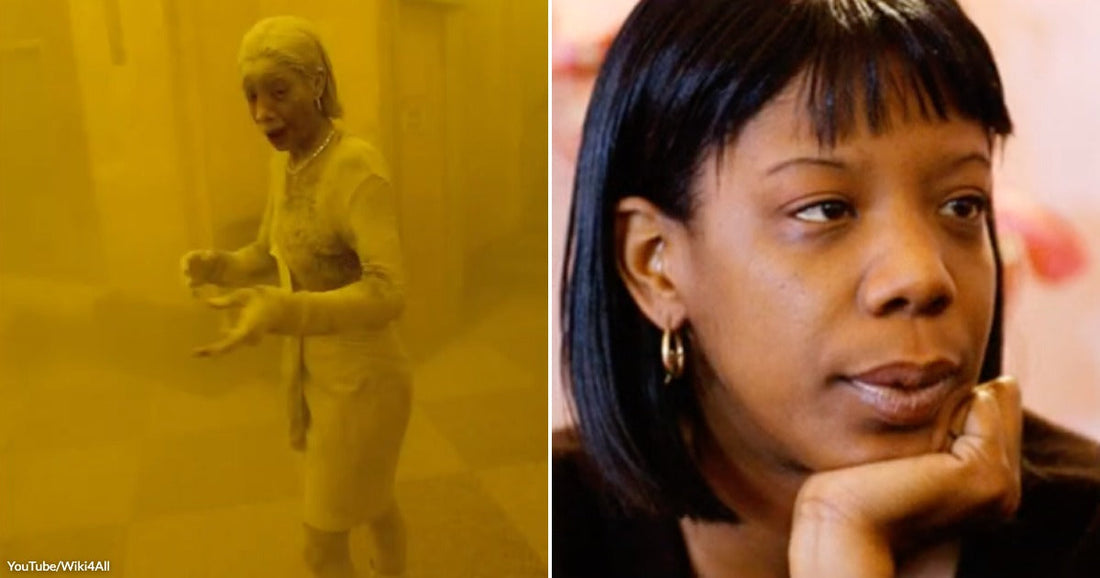On the left, a dust-covered woman stands in a thick yellow haze; on the right, a woman rests her chin on her hand thoughtfully.
