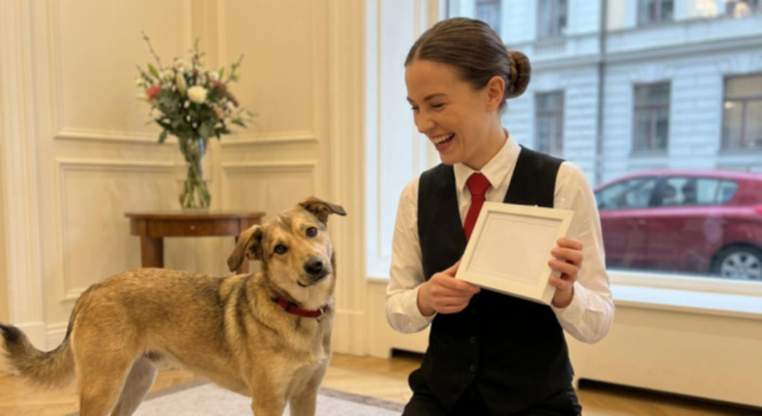 A smiling woman in formal attire holds a picture frame with a dog.