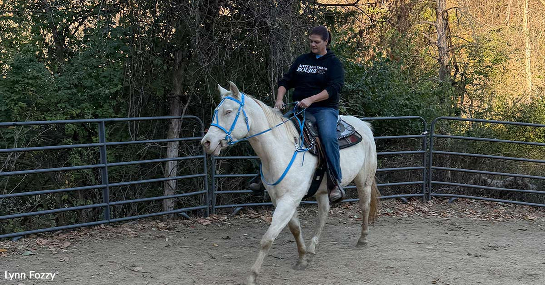 Woman riding a light-colored horse inside a fenced outdoor arena surrounded by trees.