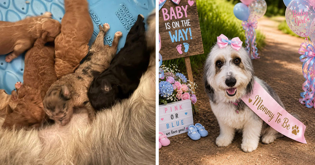 Split image showing newborn puppies nursing on the left and a fluffy dog in a pink “Mommy To Be” sash posed with baby-themed decorations on the right.