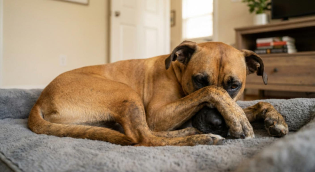 A relaxed dog lays on a cozy gray blanket with its paws covering its face.
