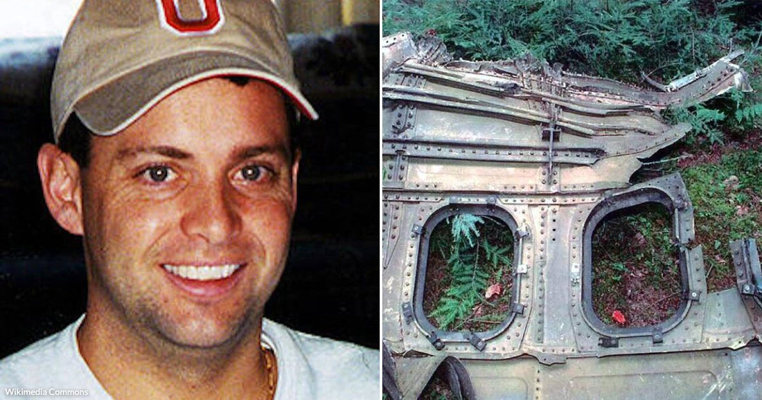 On the left, a smiling young man wearing an Ohio State cap and white shirt; on the right, crumpled aircraft wreckage lies in a wooded area.
