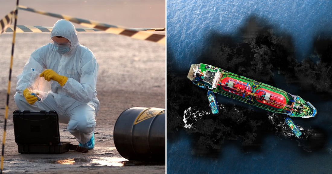 On the left, a hazmat-suited worker examines a leaking barrel behind caution tape; on the right, a ship sails through a large ocean oil spill.