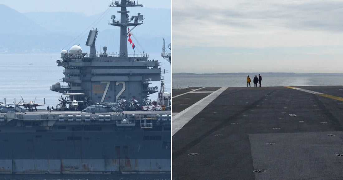 On the left, USS Abraham Lincoln (CVN-72) aircraft carrier sits anchored at sea with aircraft on deck; on the right, three people stand on an empty carrier flight deck overlooking.