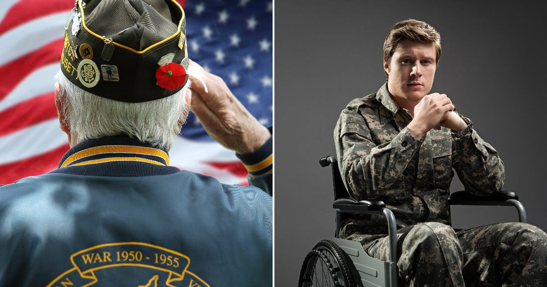 On the left, an elderly veteran salutes the American flag; on the right, a young soldier in camouflage sits in a wheelchair against a gray background.