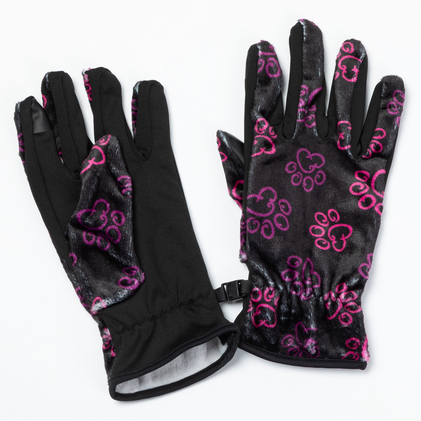 A pair of touchscreen technology fingertips warm black fleece gloves adorned with prink and violet elegant paw prints.