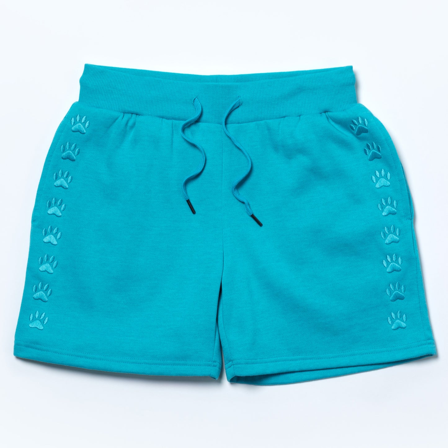 Turquoise shorts featuring paw print accents along the sides and adjustable drawstring.