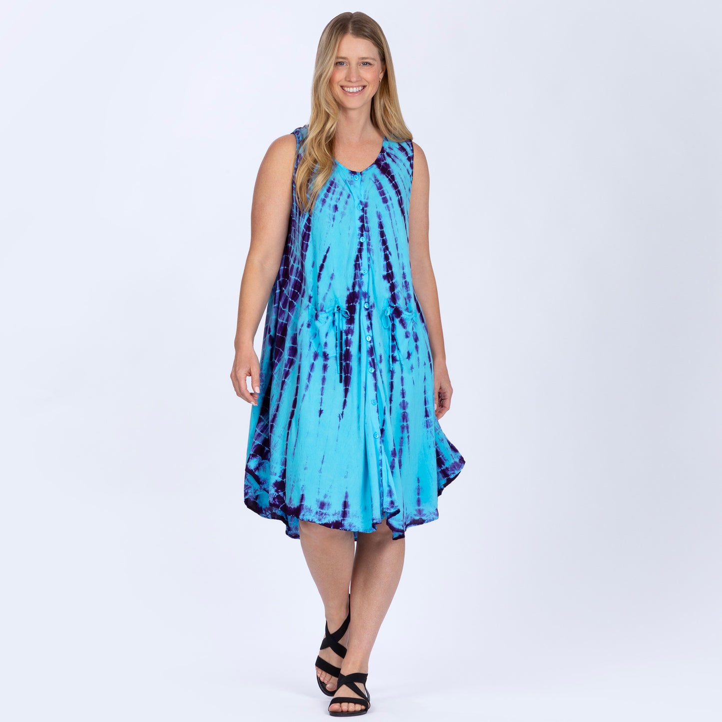Tie-Dye Button-Up Sleeveless Dress with Pockets
