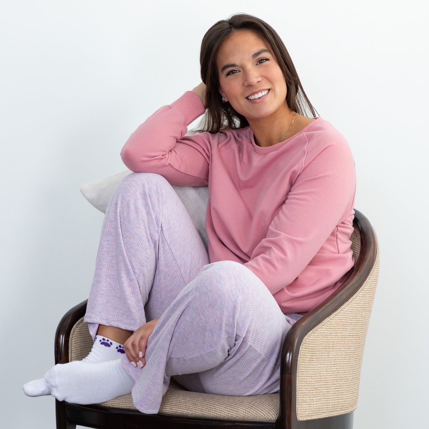 Soft Melange Paw Print Purple Rib Knit Pants