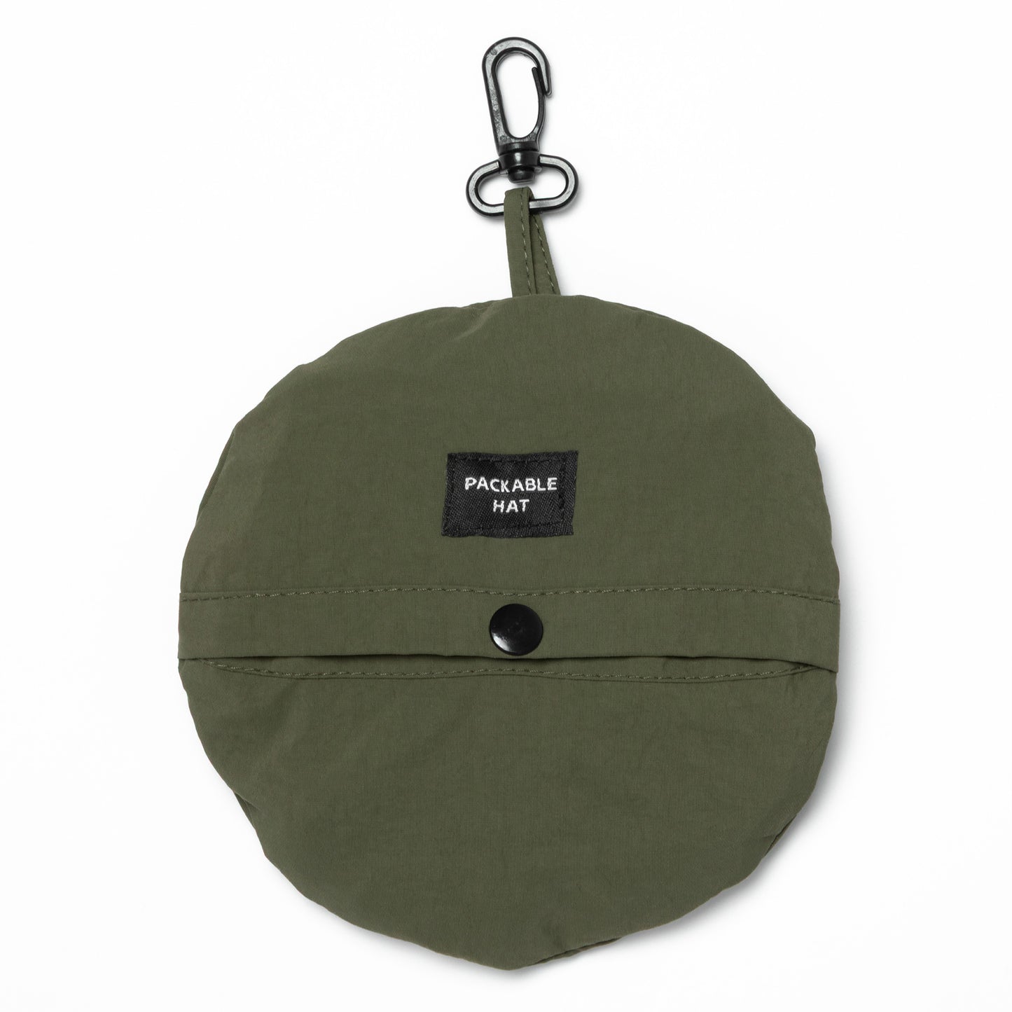 Green packable hat with a carabiner on a white background