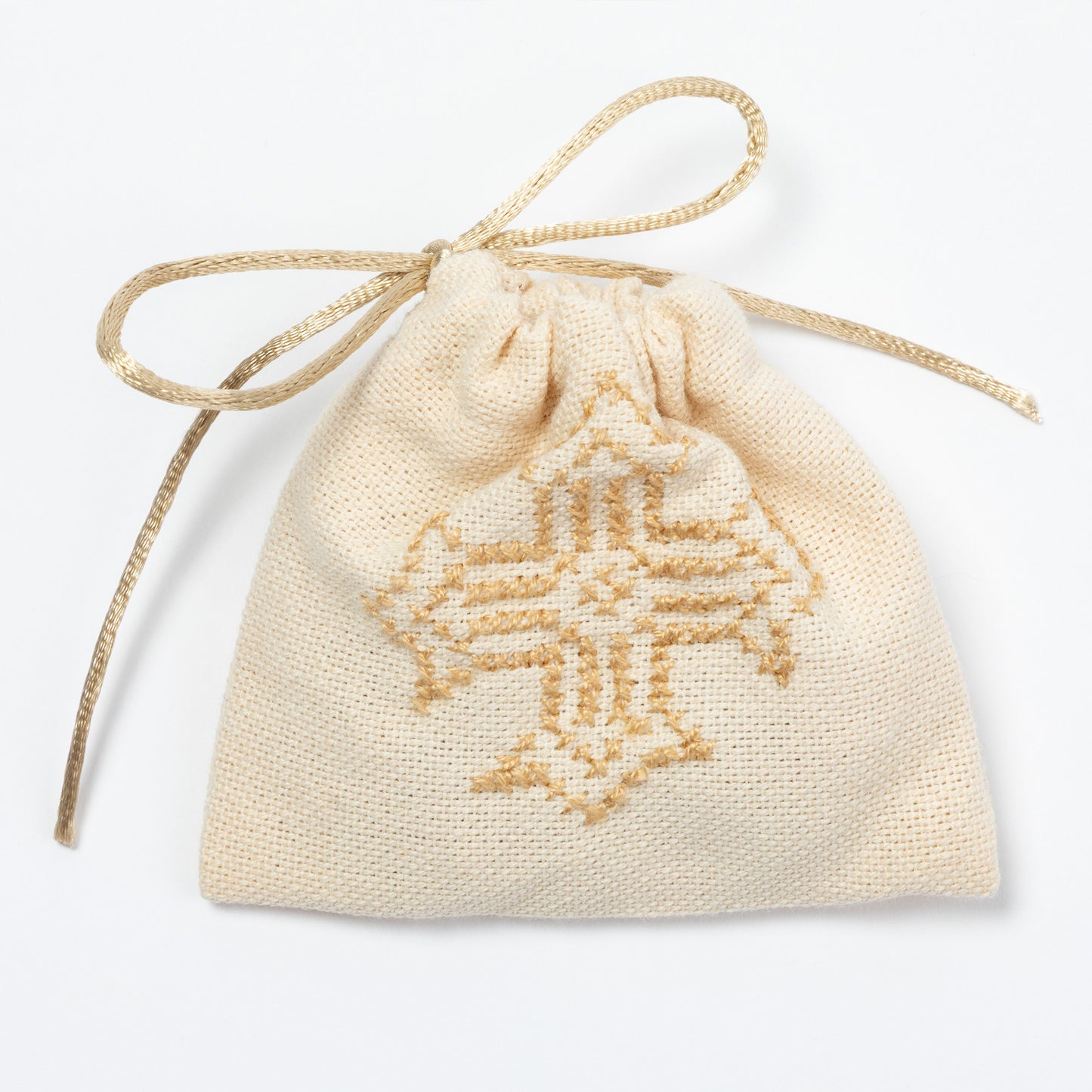 Beige drawstring pouch with cross pattern on a white background