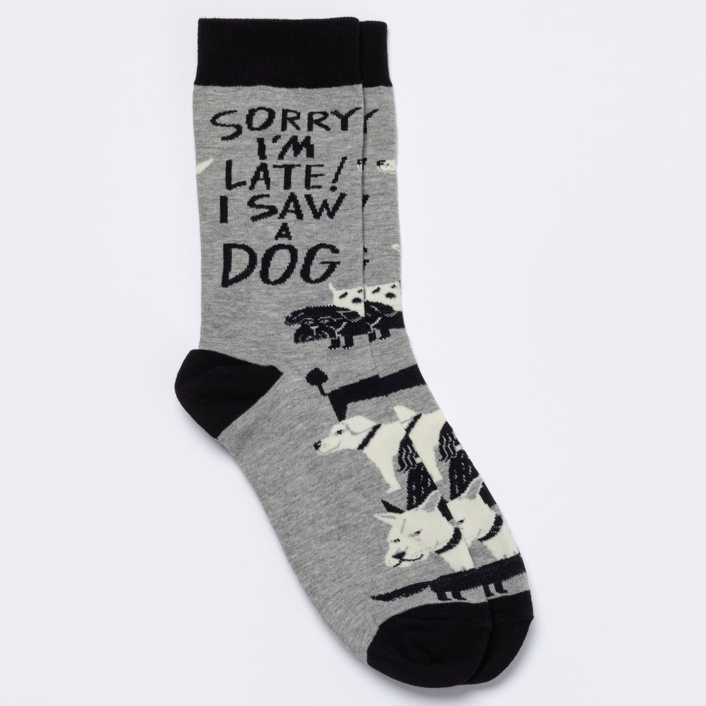 Gray sock with black text and dog illustrations on a white background